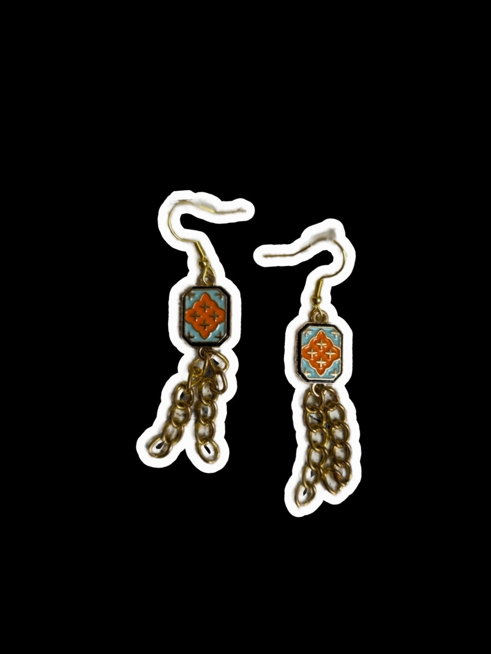 Boho Orange Blue Gold Pair Chain Drop Earrings Meditaranian Mosaic Style Stars